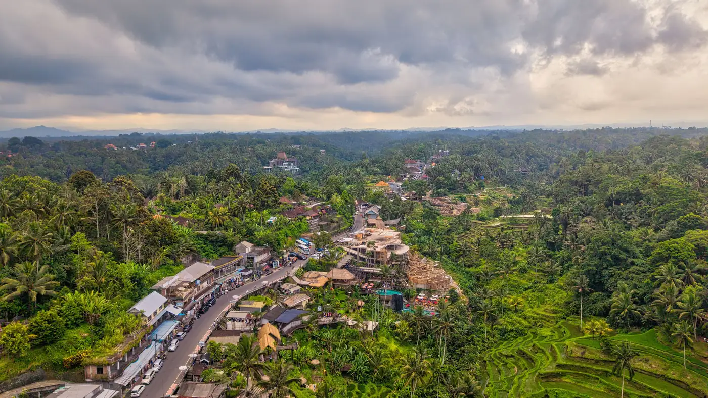 Illustrative photo: rice terraces beside a village