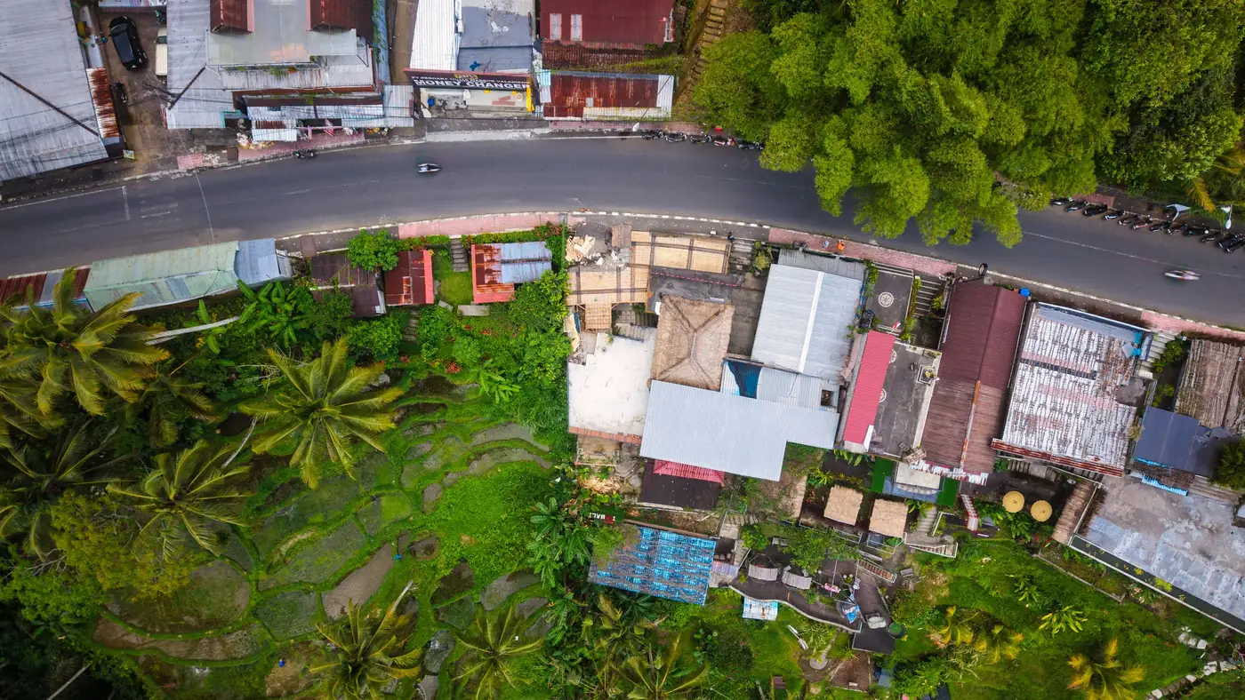 Illustrative photo: village rooftops between palm trees
